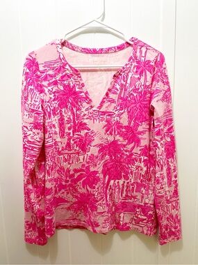 Lilly Pulitzer Pink Palm Print Long Sleeve V-Neck Tee